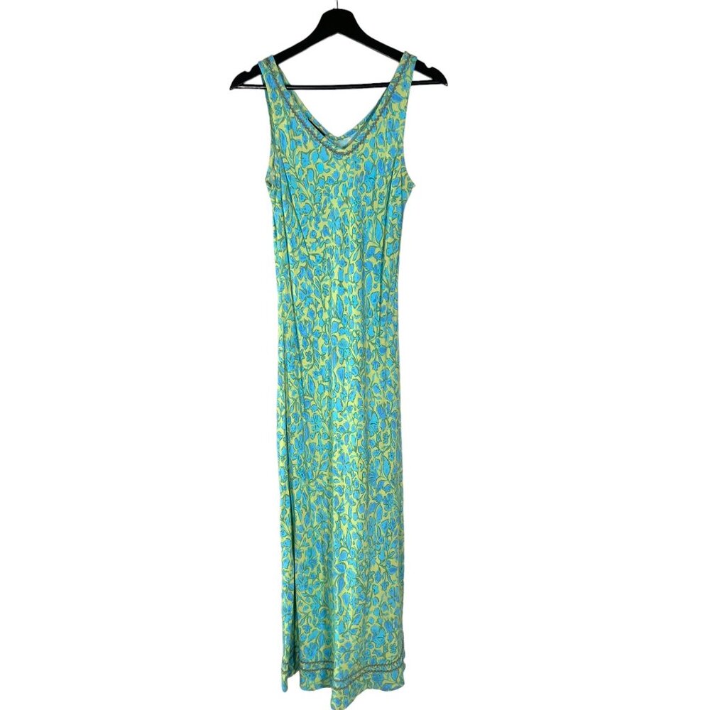 Vintage Y2K Green Blue Floral Sleeveless V Neck Full Length Dress 6
